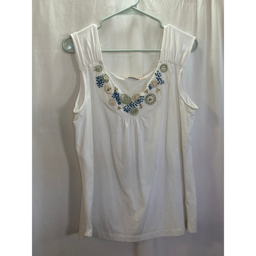 Vintage 90s Choices Ivory Beaded Tank Top | Embroidered Floral Neckline Blouse